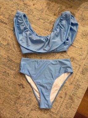 Flaxmaker Light Blue Two-Piece Swim Set - Scoop Top & High Waist Bottoms
